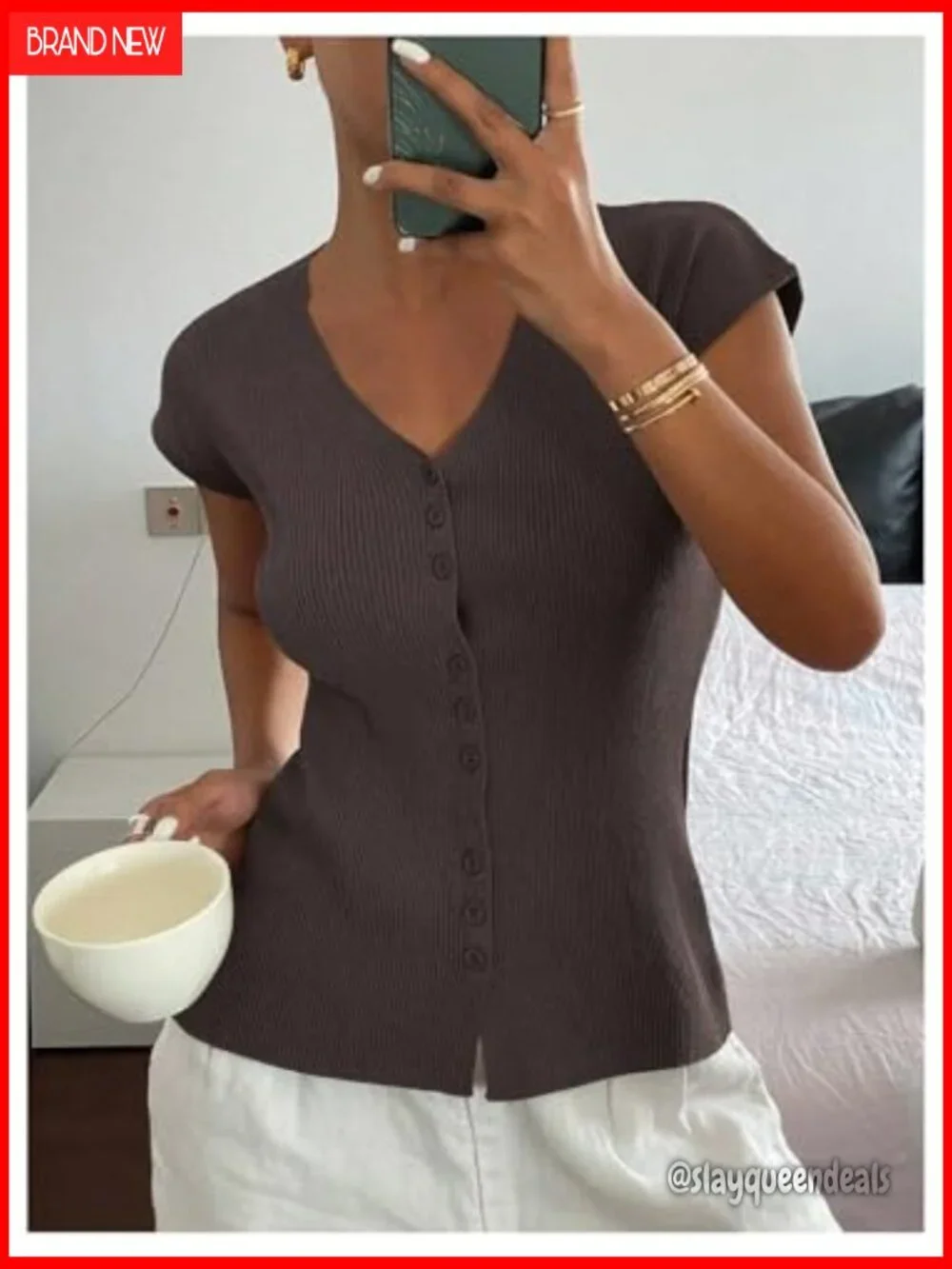 Button Down V Neck Cap Sleeve Ribbed Knit Tops - Picture 4 of 5